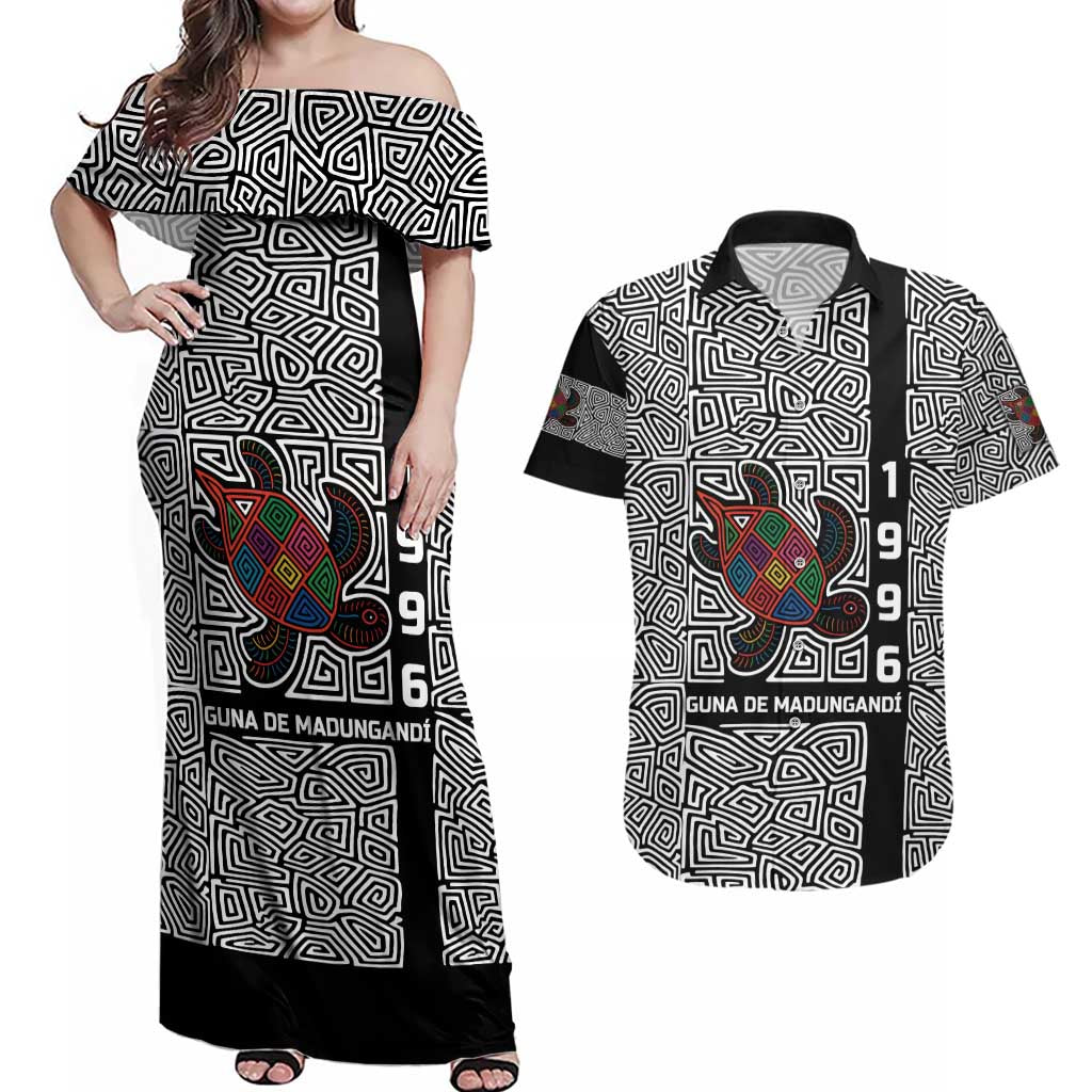 Indigenous Regions of Panama Guna de Madungandí Couples Matching Off Shoulder Maxi Dress and Hawaiian Shirt with Colorful Turtle and Black White Geometric Pattern - Wonder Print Shop