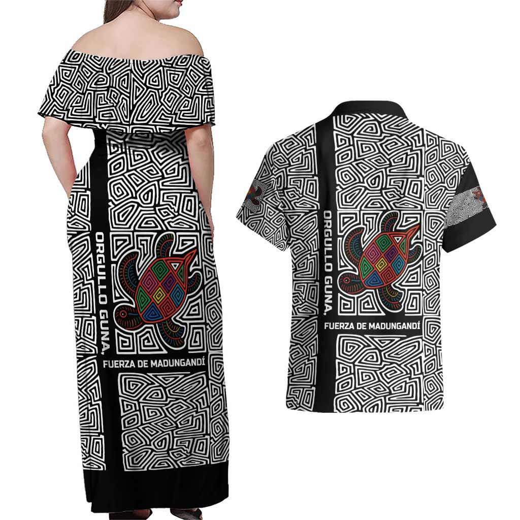 Indigenous Regions of Panama Guna de Madungandí Couples Matching Off Shoulder Maxi Dress and Hawaiian Shirt with Colorful Turtle and Black White Geometric Pattern - Wonder Print Shop