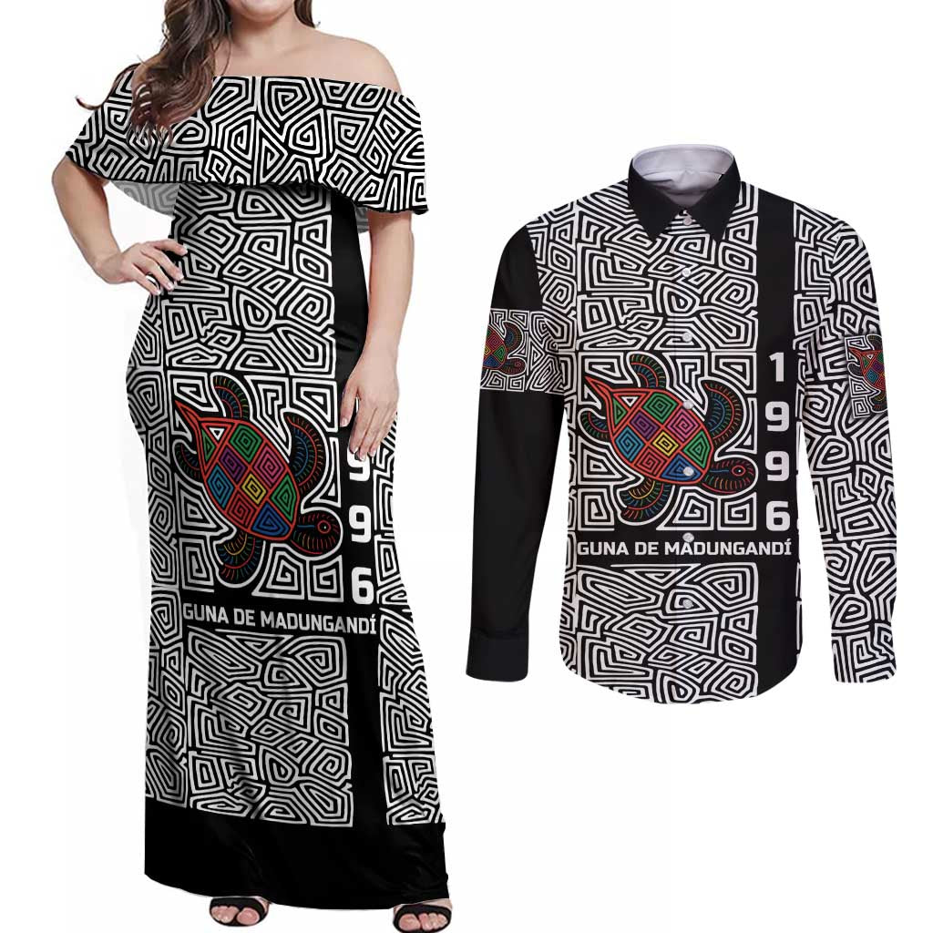 Indigenous Regions of Panama Guna de Madungandí Couples Matching Off Shoulder Maxi Dress and Long Sleeve Button Shirt with Colorful Turtle and Black White Geometric Pattern - Wonder Print Shop
