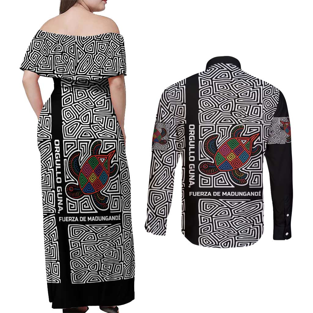 Indigenous Regions of Panama Guna de Madungandí Couples Matching Off Shoulder Maxi Dress and Long Sleeve Button Shirt with Colorful Turtle and Black White Geometric Pattern - Wonder Print Shop