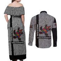 Indigenous Regions of Panama Guna de Madungandí Couples Matching Off Shoulder Maxi Dress and Long Sleeve Button Shirt with Colorful Turtle and Black White Geometric Pattern - Wonder Print Shop