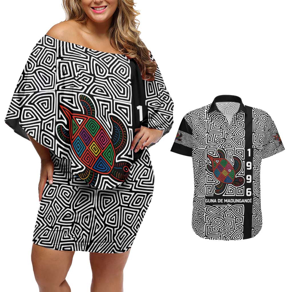 Indigenous Regions of Panama Guna de Madungandí Couples Matching Off Shoulder Short Dress and Hawaiian Shirt with Colorful Turtle and Black White Geometric Pattern - Wonder Print Shop