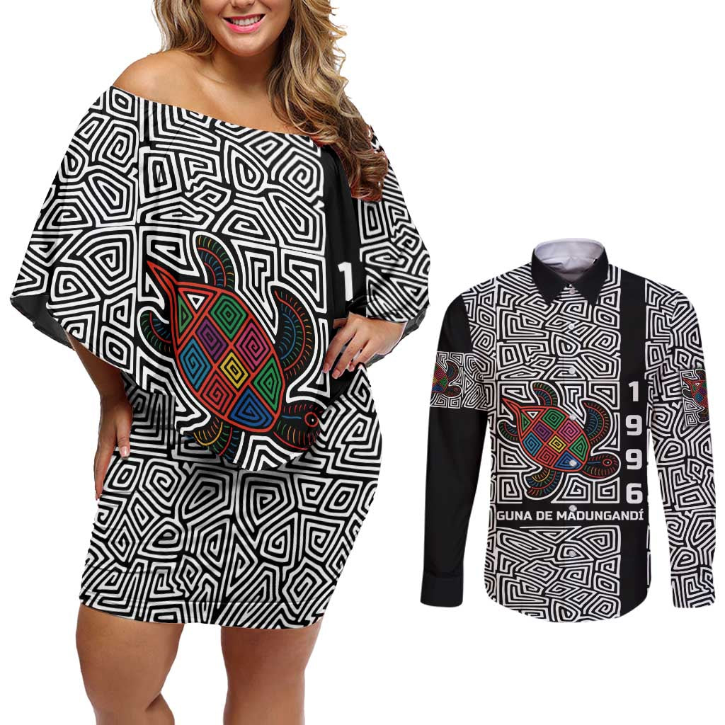 Indigenous Regions of Panama Guna de Madungandí Couples Matching Off Shoulder Short Dress and Long Sleeve Button Shirt with Colorful Turtle and Black White Geometric Pattern - Wonder Print Shop