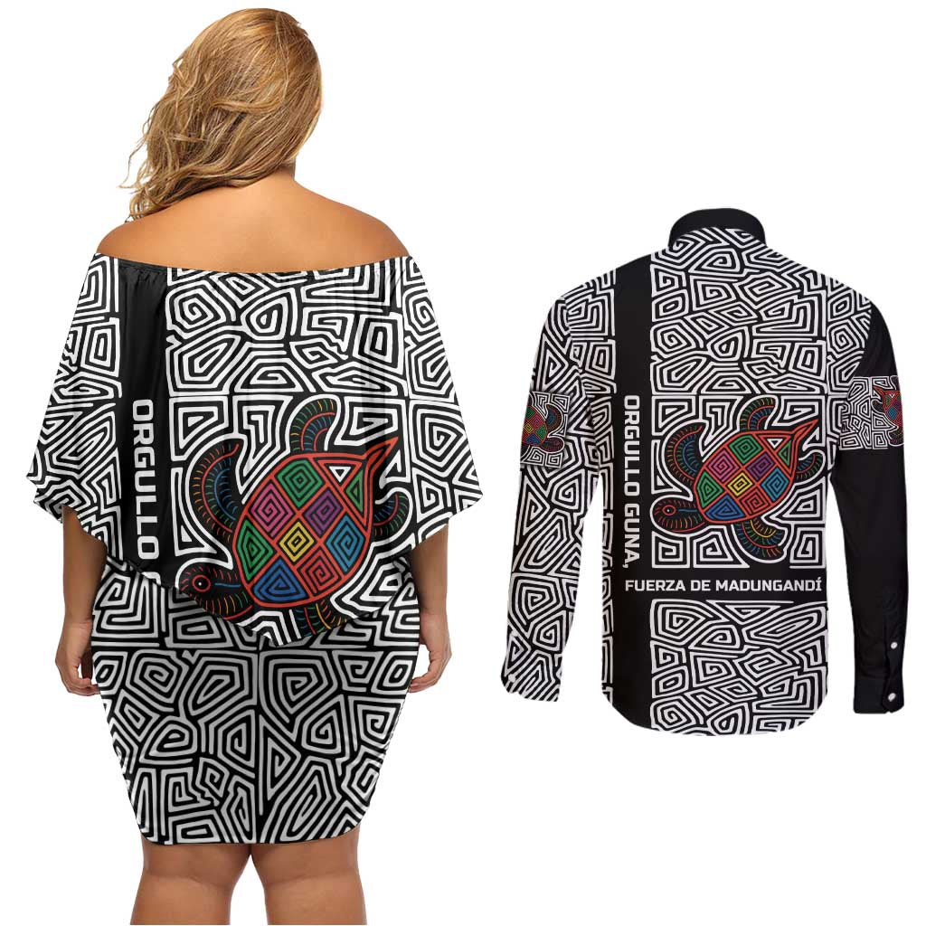 Indigenous Regions of Panama Guna de Madungandí Couples Matching Off Shoulder Short Dress and Long Sleeve Button Shirt with Colorful Turtle and Black White Geometric Pattern - Wonder Print Shop