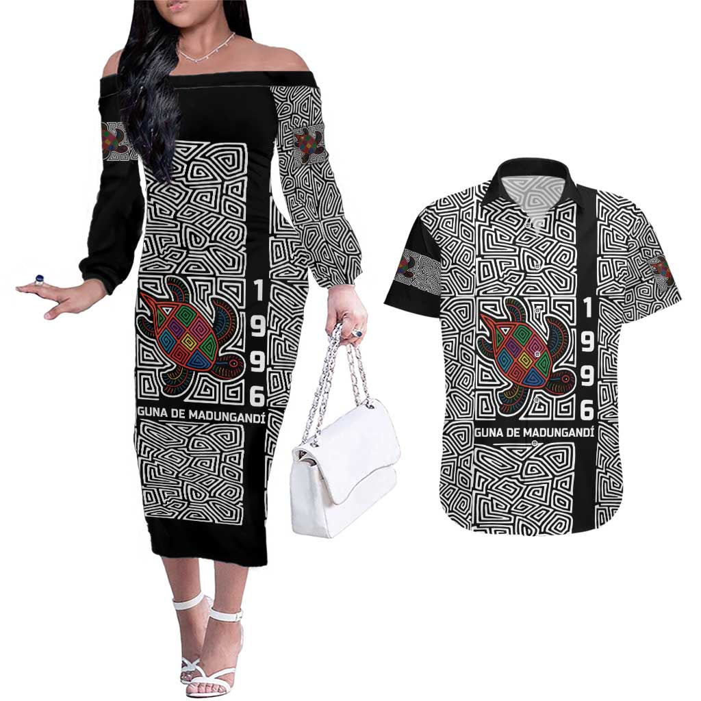 Indigenous Regions of Panama Guna de Madungandí Couples Matching Off The Shoulder Long Sleeve Dress and Hawaiian Shirt with Colorful Turtle and Black White Geometric Pattern - Wonder Print Shop