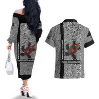 Indigenous Regions of Panama Guna de Madungandí Couples Matching Off The Shoulder Long Sleeve Dress and Hawaiian Shirt with Colorful Turtle and Black White Geometric Pattern - Wonder Print Shop