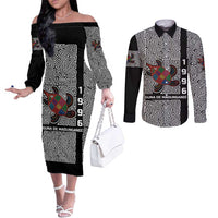 Indigenous Regions of Panama Guna de Madungandí Couples Matching Off The Shoulder Long Sleeve Dress and Long Sleeve Button Shirt with Colorful Turtle and Black White Geometric Pattern - Wonder Print Shop
