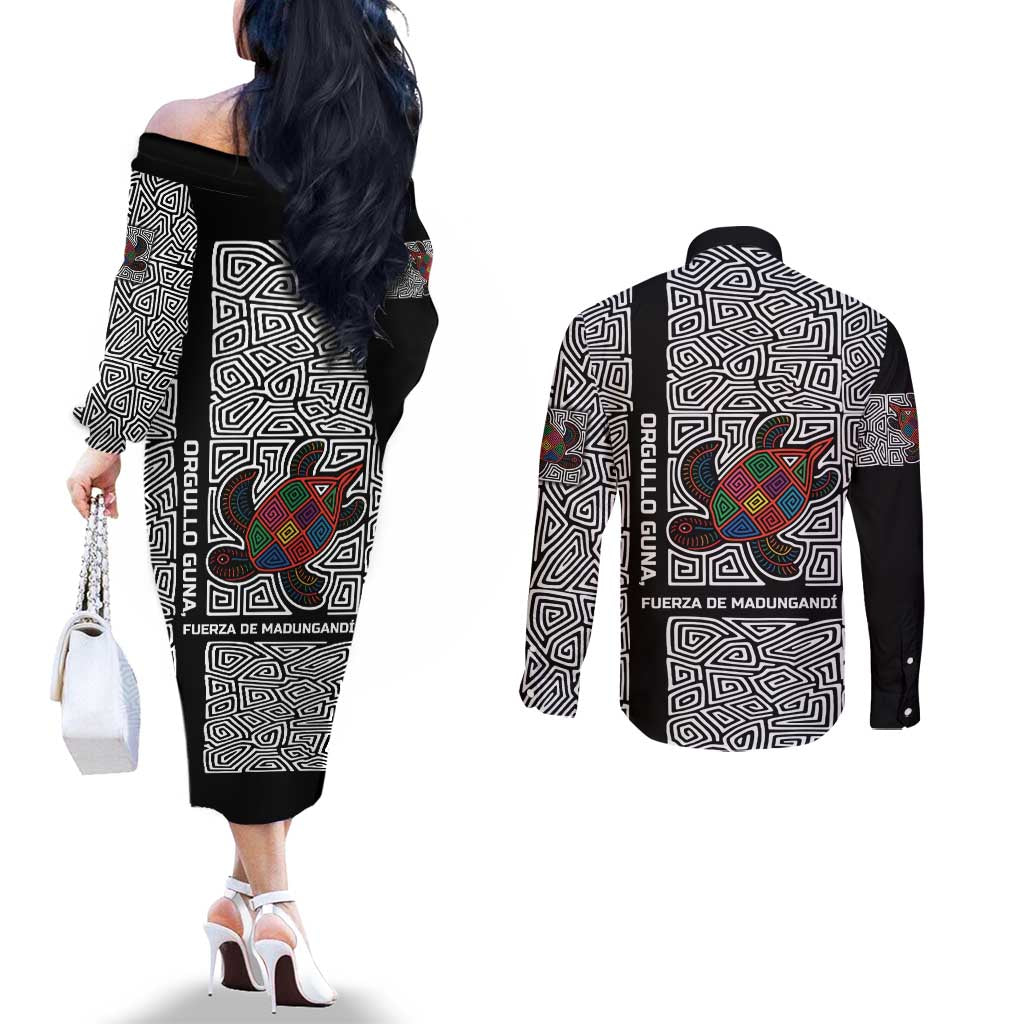 Indigenous Regions of Panama Guna de Madungandí Couples Matching Off The Shoulder Long Sleeve Dress and Long Sleeve Button Shirt with Colorful Turtle and Black White Geometric Pattern - Wonder Print Shop