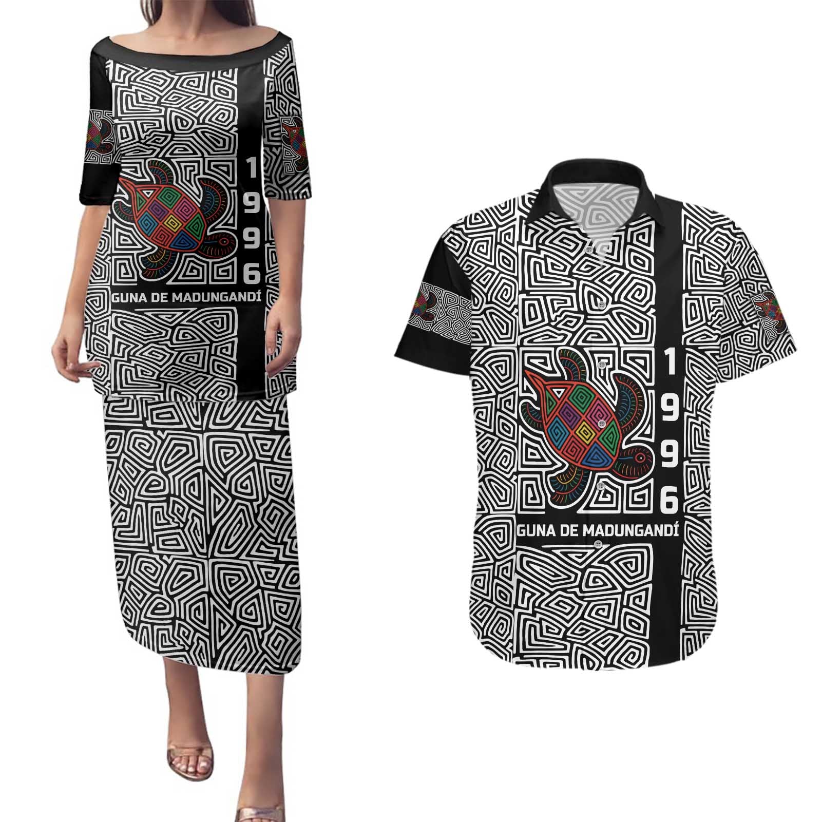 Indigenous Regions of Panama Guna de Madungandí Couples Matching Puletasi and Hawaiian Shirt with Colorful Turtle and Black White Geometric Pattern - Wonder Print Shop
