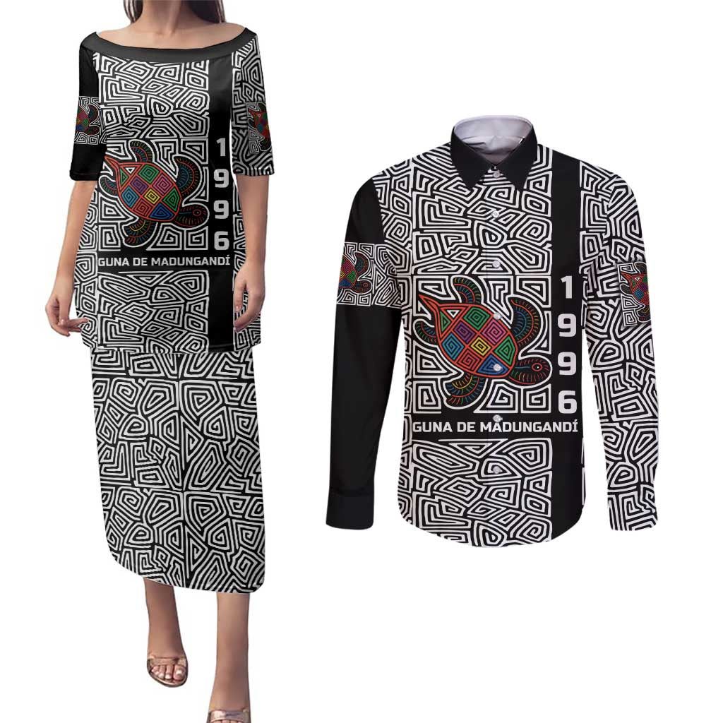 Indigenous Regions of Panama Guna de Madungandí Couples Matching Puletasi and Long Sleeve Button Shirt with Colorful Turtle and Black White Geometric Pattern - Wonder Print Shop