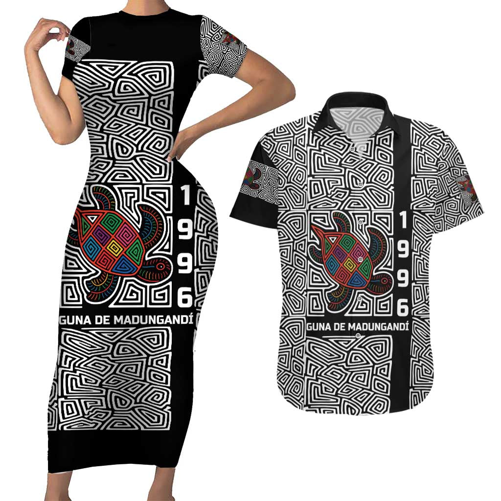 Indigenous Regions of Panama Guna de Madungandí Couples Matching Short Sleeve Bodycon Dress and Hawaiian Shirt with Colorful Turtle and Black White Geometric Pattern - Wonder Print Shop