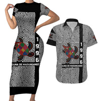 Indigenous Regions of Panama Guna de Madungandí Couples Matching Short Sleeve Bodycon Dress and Hawaiian Shirt with Colorful Turtle and Black White Geometric Pattern - Wonder Print Shop