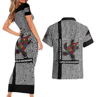 Indigenous Regions of Panama Guna de Madungandí Couples Matching Short Sleeve Bodycon Dress and Hawaiian Shirt with Colorful Turtle and Black White Geometric Pattern - Wonder Print Shop