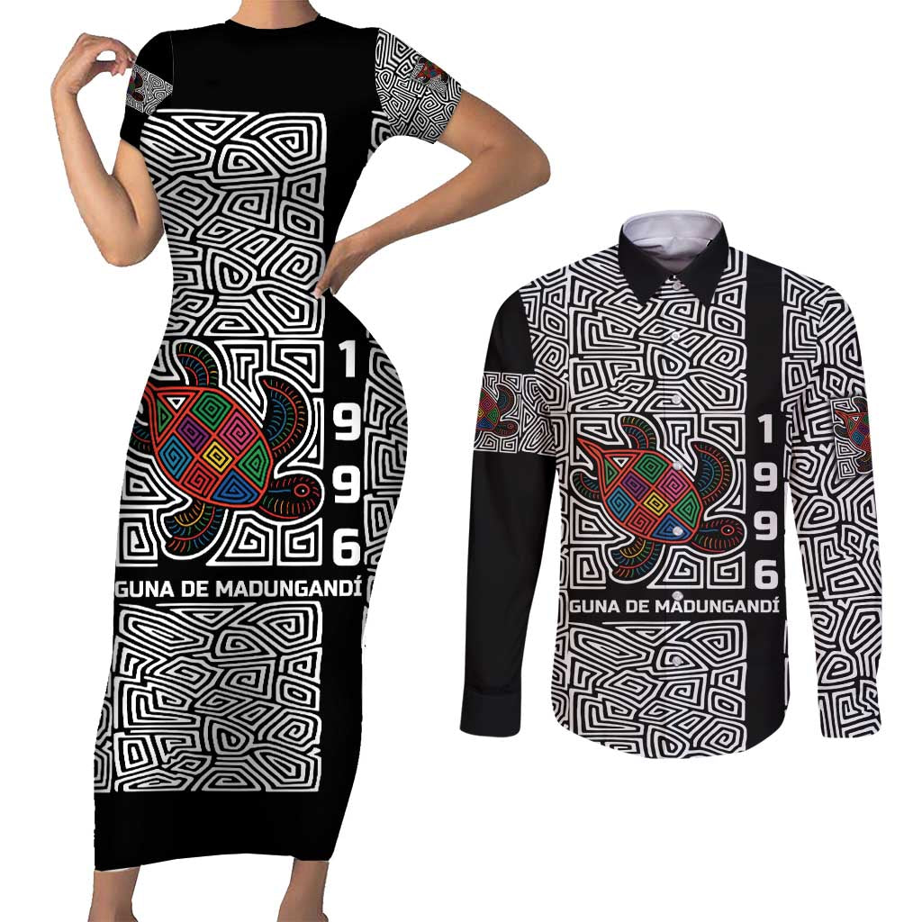 Indigenous Regions of Panama Guna de Madungandí Couples Matching Short Sleeve Bodycon Dress and Long Sleeve Button Shirt with Colorful Turtle and Black White Geometric Pattern - Wonder Print Shop