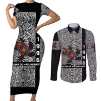 Indigenous Regions of Panama Guna de Madungandí Couples Matching Short Sleeve Bodycon Dress and Long Sleeve Button Shirt with Colorful Turtle and Black White Geometric Pattern - Wonder Print Shop