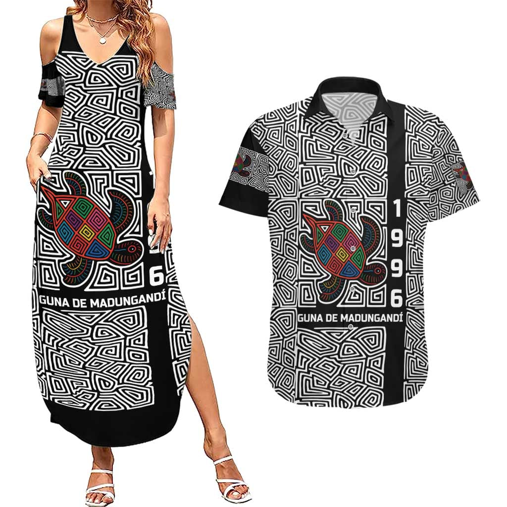 Indigenous Regions of Panama Guna de Madungandí Couples Matching Summer Maxi Dress and Hawaiian Shirt with Colorful Turtle and Black White Geometric Pattern - Wonder Print Shop