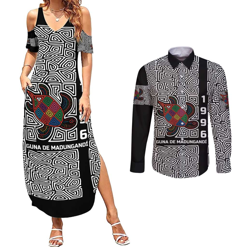 Indigenous Regions of Panama Guna de Madungandí Couples Matching Summer Maxi Dress and Long Sleeve Button Shirt with Colorful Turtle and Black White Geometric Pattern - Wonder Print Shop