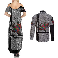 Indigenous Regions of Panama Guna de Madungandí Couples Matching Summer Maxi Dress and Long Sleeve Button Shirt with Colorful Turtle and Black White Geometric Pattern - Wonder Print Shop