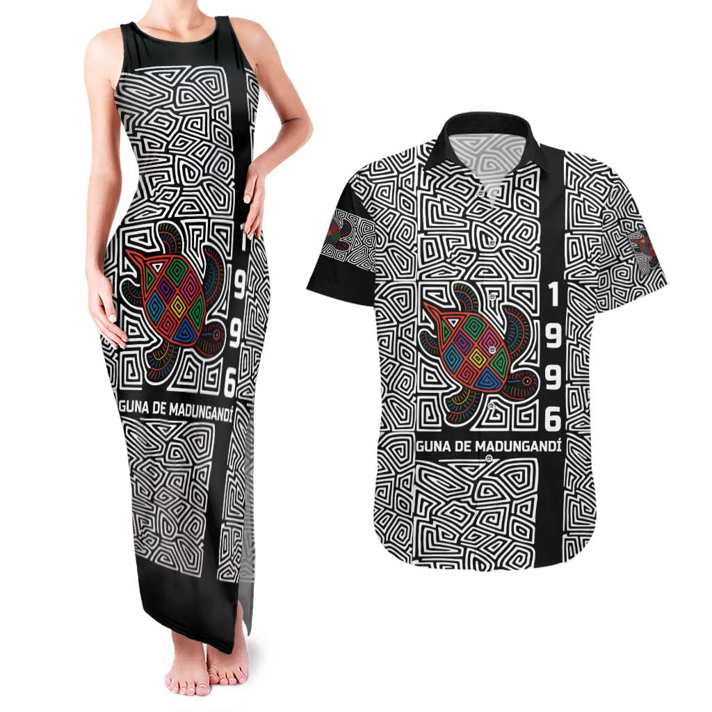 Indigenous Regions of Panama Guna de Madungandí Couples Matching Tank Maxi Dress and Hawaiian Shirt with Colorful Turtle and Black White Geometric Pattern - Wonder Print Shop
