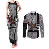 Indigenous Regions of Panama Guna de Madungandí Couples Matching Tank Maxi Dress and Long Sleeve Button Shirt with Colorful Turtle and Black White Geometric Pattern - Wonder Print Shop