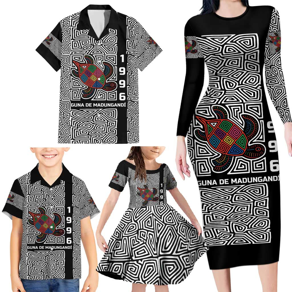 Indigenous Regions of Panama Guna de Madungandí Family Matching Long Sleeve Bodycon Dress and Hawaiian Shirt with Colorful Turtle and Black White Geometric Pattern - Wonder Print Shop