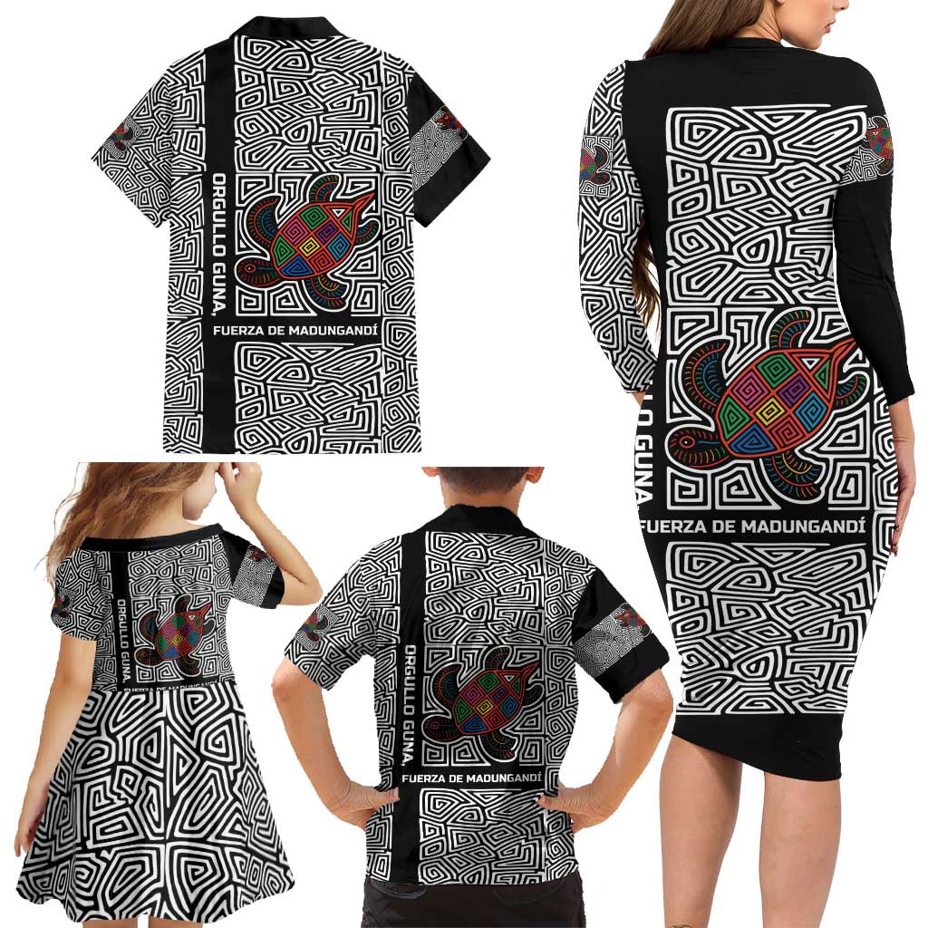 Indigenous Regions of Panama Guna de Madungandí Family Matching Long Sleeve Bodycon Dress and Hawaiian Shirt with Colorful Turtle and Black White Geometric Pattern - Wonder Print Shop