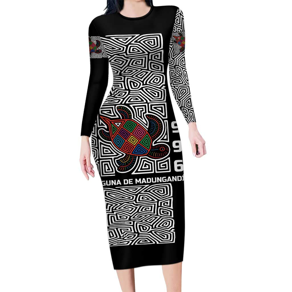 Indigenous Regions of Panama Guna de Madungandí Family Matching Long Sleeve Bodycon Dress and Hawaiian Shirt with Colorful Turtle and Black White Geometric Pattern - Wonder Print Shop