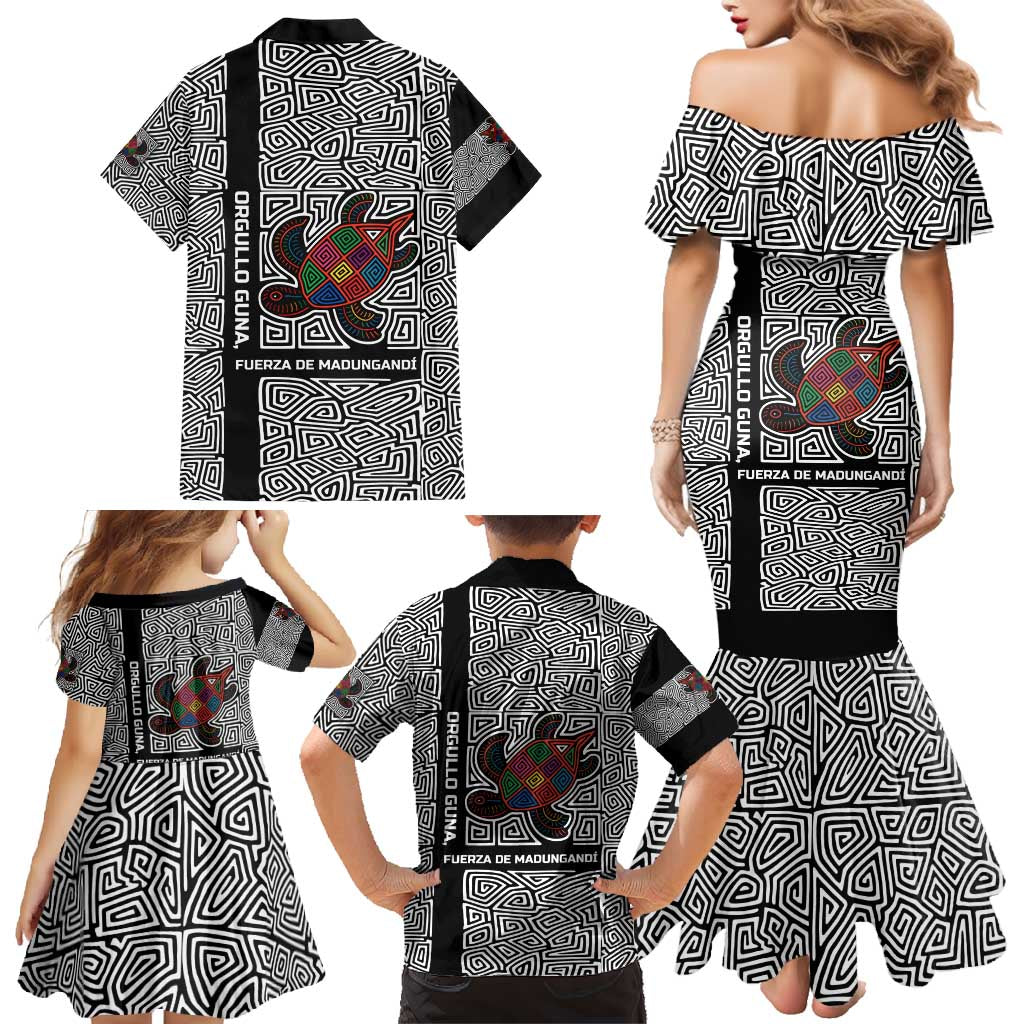 Indigenous Regions of Panama Guna de Madungandí Family Matching Mermaid Dress and Hawaiian Shirt with Colorful Turtle and Black White Geometric Pattern - Wonder Print Shop