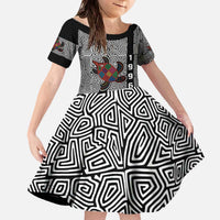 Indigenous Regions of Panama Guna de Madungandí Family Matching Off The Shoulder Long Sleeve Dress and Hawaiian Shirt with Colorful Turtle and Black White Geometric Pattern - Wonder Print Shop