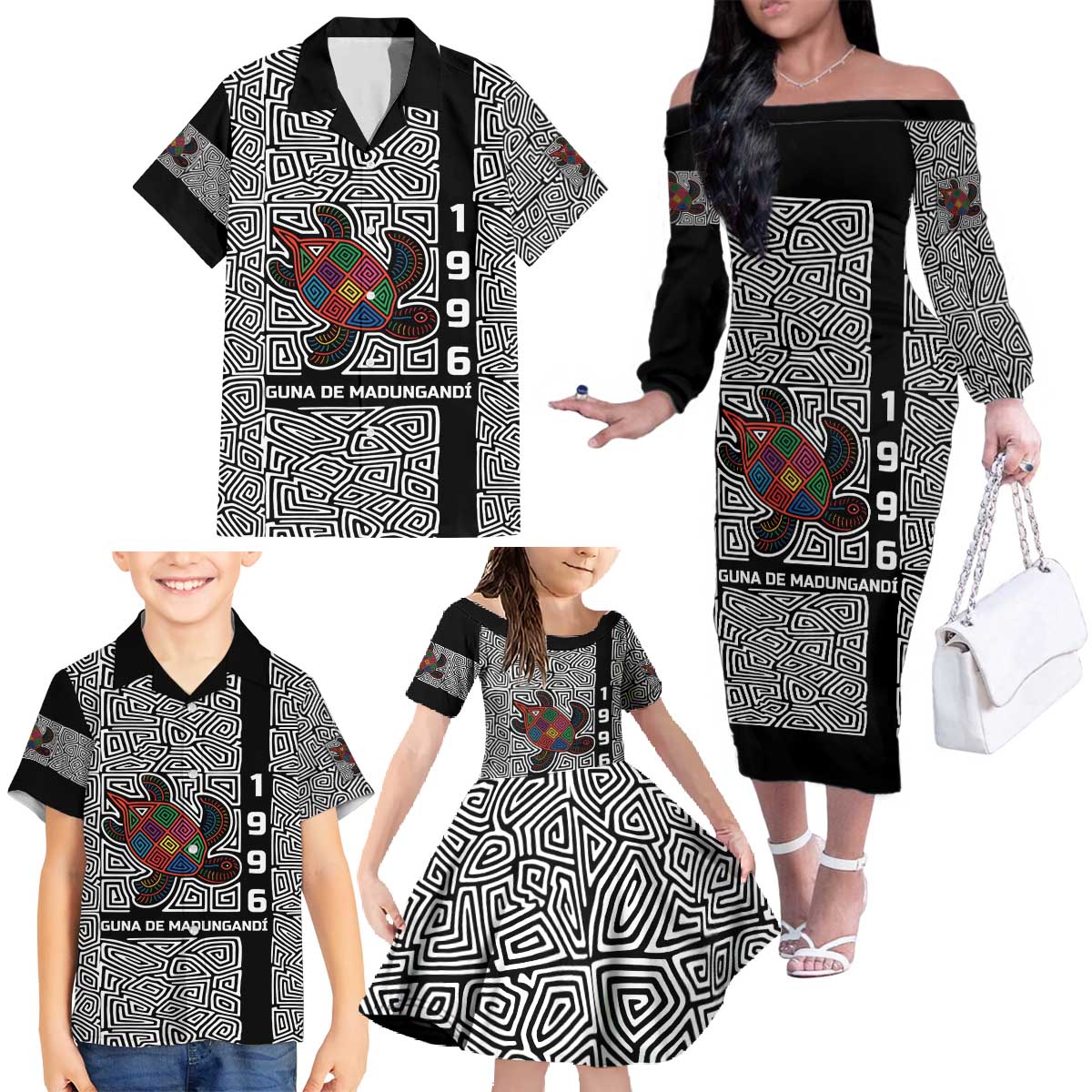Indigenous Regions of Panama Guna de Madungandí Family Matching Off The Shoulder Long Sleeve Dress and Hawaiian Shirt with Colorful Turtle and Black White Geometric Pattern - Wonder Print Shop