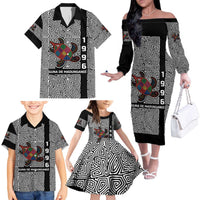 Indigenous Regions of Panama Guna de Madungandí Family Matching Off The Shoulder Long Sleeve Dress and Hawaiian Shirt with Colorful Turtle and Black White Geometric Pattern - Wonder Print Shop