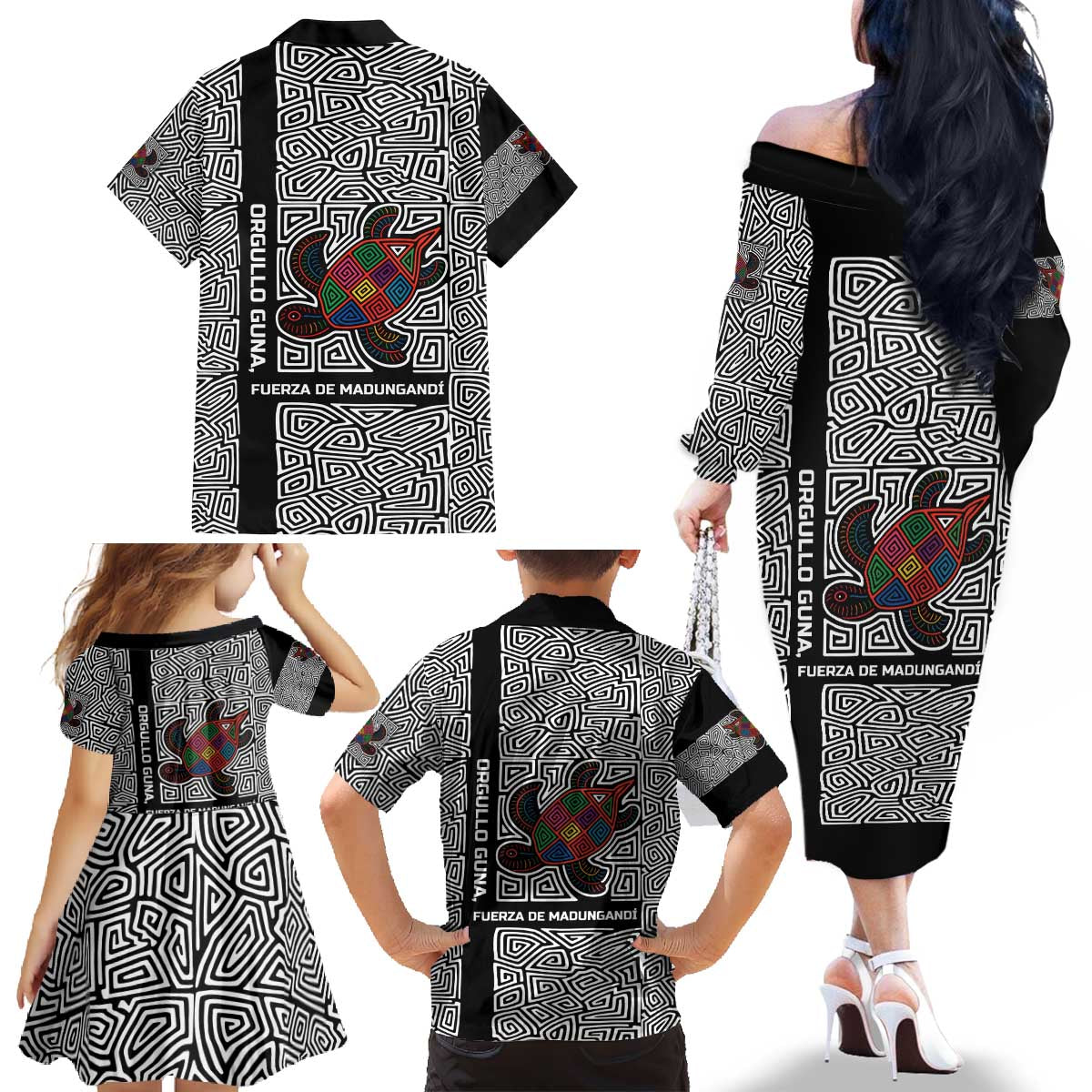 Indigenous Regions of Panama Guna de Madungandí Family Matching Off The Shoulder Long Sleeve Dress and Hawaiian Shirt with Colorful Turtle and Black White Geometric Pattern - Wonder Print Shop