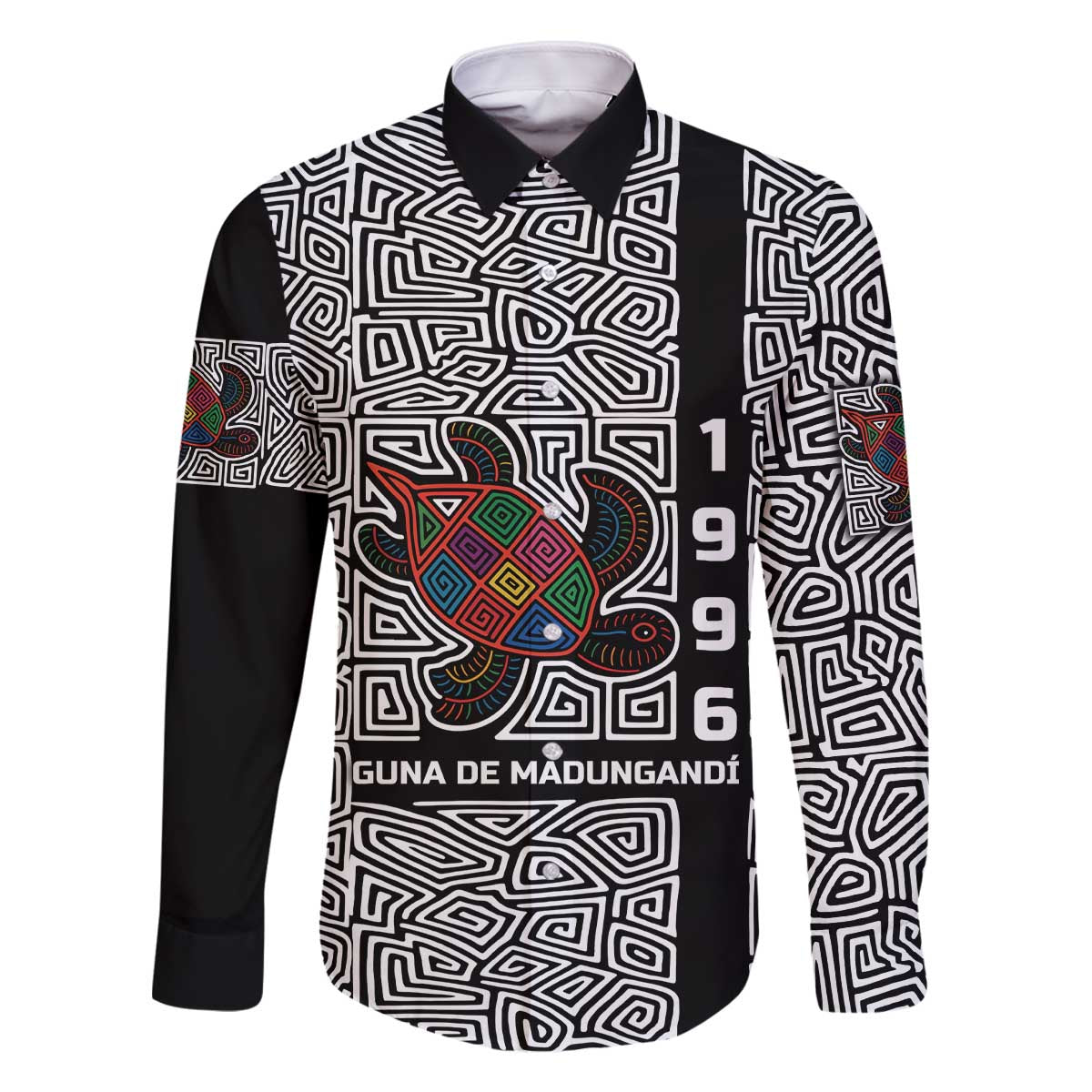 Indigenous Regions of Panama Guna de Madungandí Family Matching Off The Shoulder Long Sleeve Dress and Hawaiian Shirt with Colorful Turtle and Black White Geometric Pattern - Wonder Print Shop