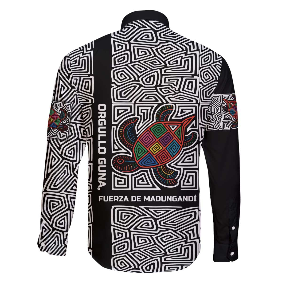 Indigenous Regions of Panama Guna de Madungandí Family Matching Off The Shoulder Long Sleeve Dress and Hawaiian Shirt with Colorful Turtle and Black White Geometric Pattern - Wonder Print Shop