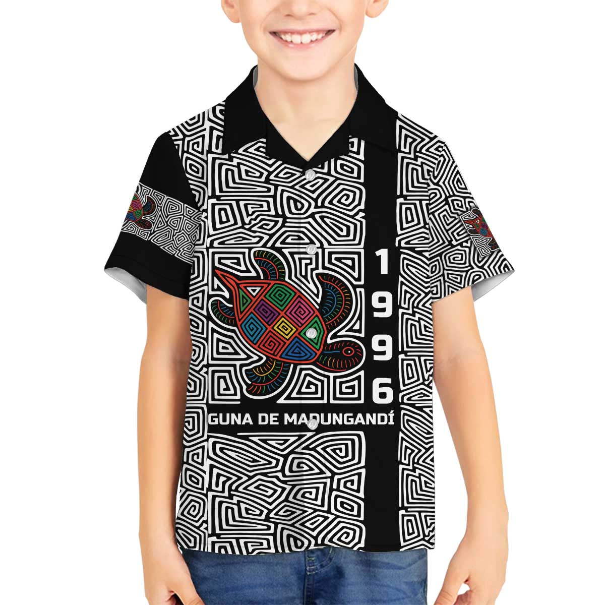 Indigenous Regions of Panama Guna de Madungandí Family Matching Off The Shoulder Long Sleeve Dress and Hawaiian Shirt with Colorful Turtle and Black White Geometric Pattern - Wonder Print Shop