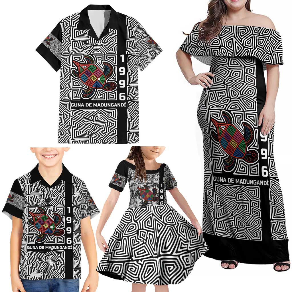 Indigenous Regions of Panama Guna de Madungandí Family Matching Off Shoulder Maxi Dress and Hawaiian Shirt with Colorful Turtle and Black White Geometric Pattern - Wonder Print Shop