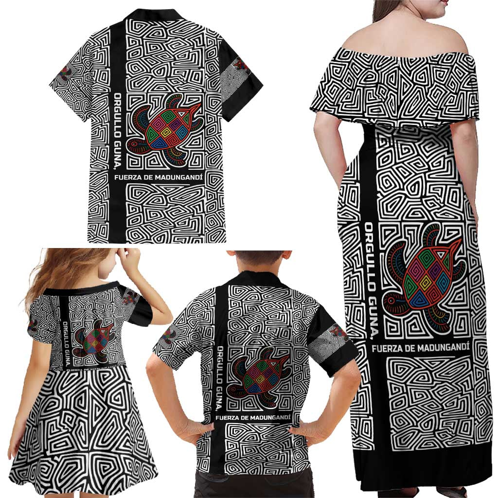 Indigenous Regions of Panama Guna de Madungandí Family Matching Off Shoulder Maxi Dress and Hawaiian Shirt with Colorful Turtle and Black White Geometric Pattern - Wonder Print Shop