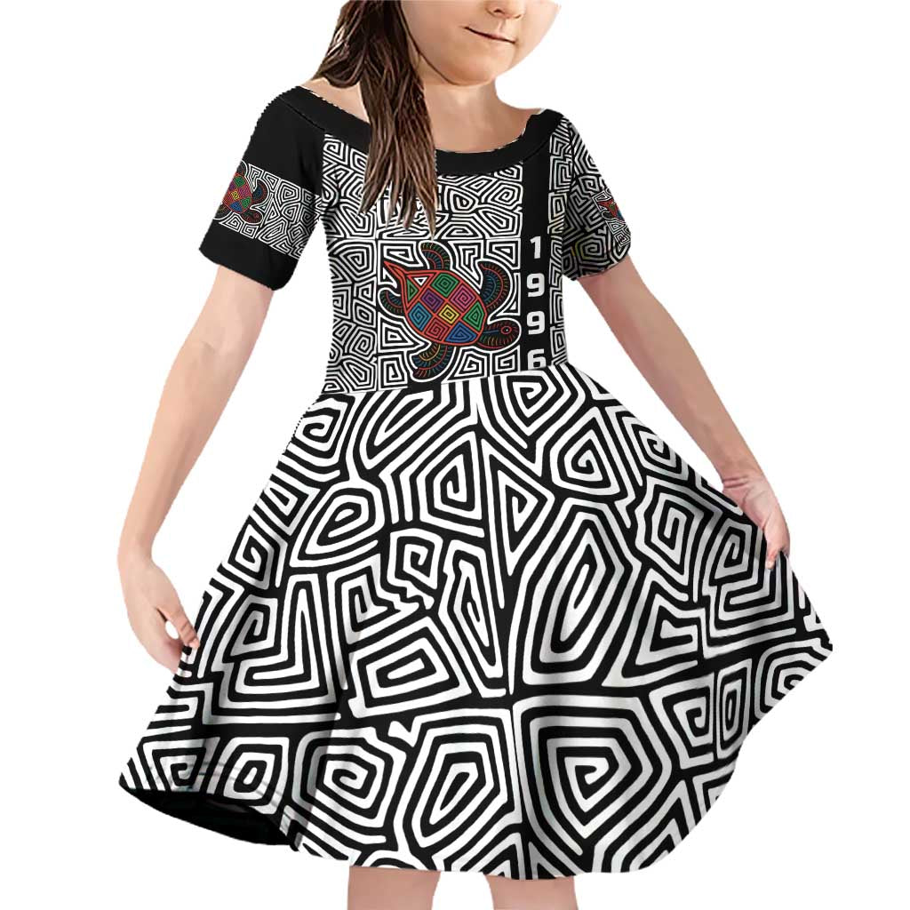 Indigenous Regions of Panama Guna de Madungandí Family Matching Off Shoulder Short Dress and Hawaiian Shirt with Colorful Turtle and Black White Geometric Pattern - Wonder Print Shop