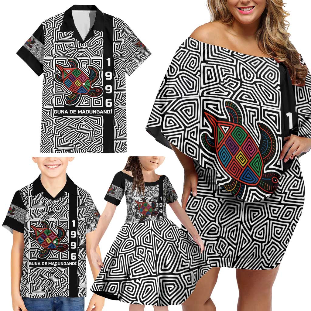 Indigenous Regions of Panama Guna de Madungandí Family Matching Off Shoulder Short Dress and Hawaiian Shirt with Colorful Turtle and Black White Geometric Pattern - Wonder Print Shop