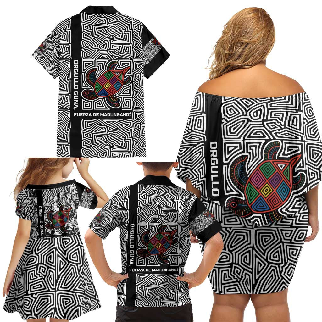 Indigenous Regions of Panama Guna de Madungandí Family Matching Off Shoulder Short Dress and Hawaiian Shirt with Colorful Turtle and Black White Geometric Pattern - Wonder Print Shop