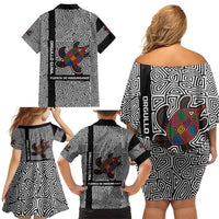 Indigenous Regions of Panama Guna de Madungandí Family Matching Off Shoulder Short Dress and Hawaiian Shirt with Colorful Turtle and Black White Geometric Pattern - Wonder Print Shop