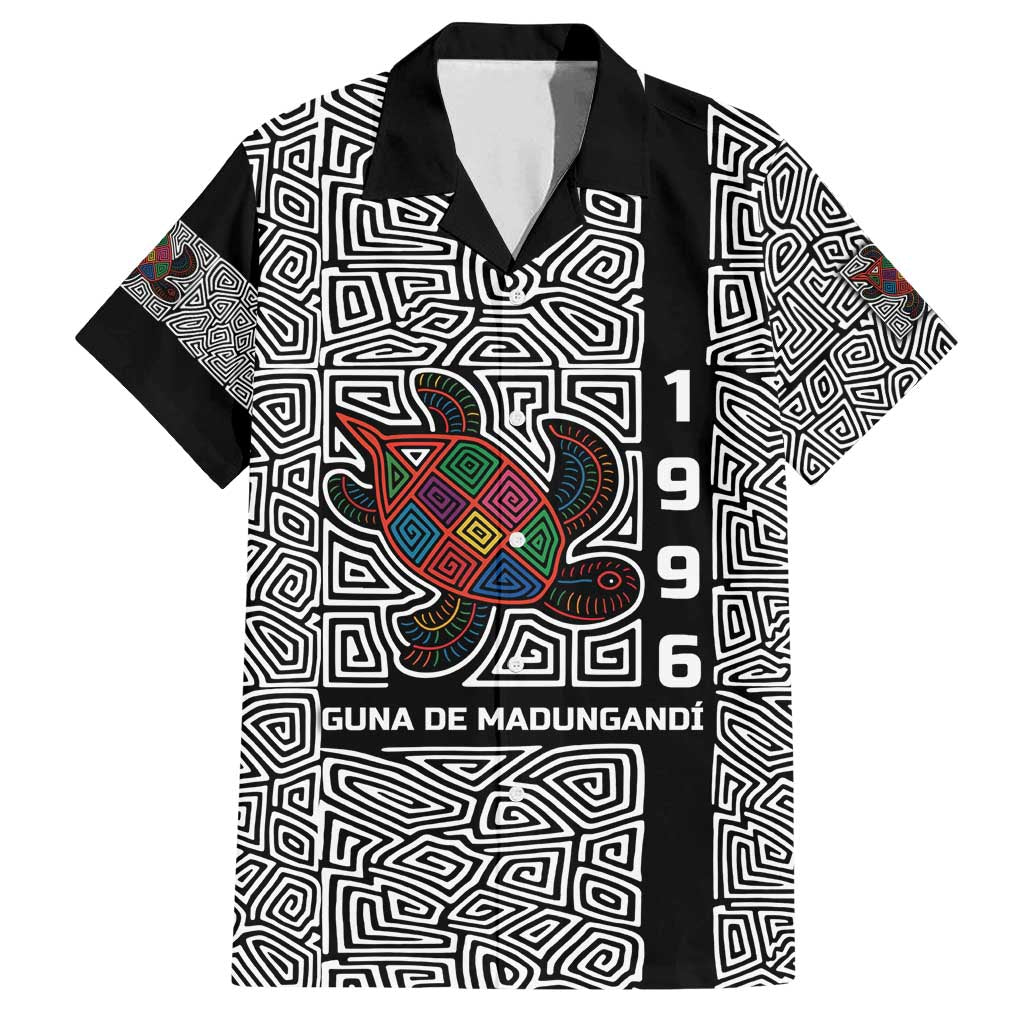 Indigenous Regions of Panama Guna de Madungandí Family Matching Off Shoulder Short Dress and Hawaiian Shirt with Colorful Turtle and Black White Geometric Pattern - Wonder Print Shop