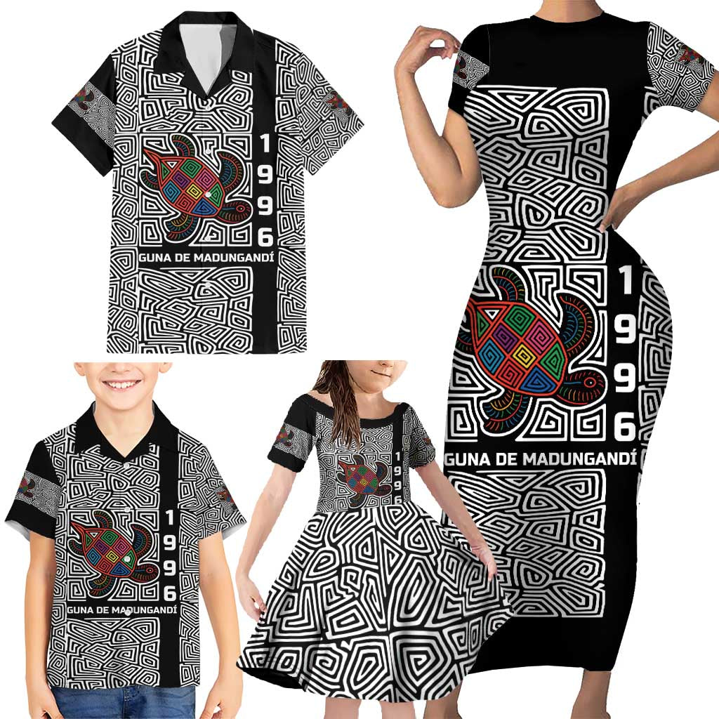 Indigenous Regions of Panama Guna de Madungandí Family Matching Short Sleeve Bodycon Dress and Hawaiian Shirt with Colorful Turtle and Black White Geometric Pattern - Wonder Print Shop