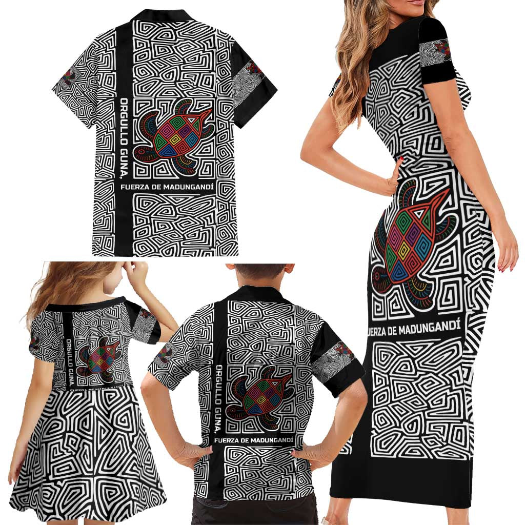 Indigenous Regions of Panama Guna de Madungandí Family Matching Short Sleeve Bodycon Dress and Hawaiian Shirt with Colorful Turtle and Black White Geometric Pattern - Wonder Print Shop