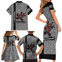 Indigenous Regions of Panama Guna de Madungandí Family Matching Short Sleeve Bodycon Dress and Hawaiian Shirt with Colorful Turtle and Black White Geometric Pattern - Wonder Print Shop