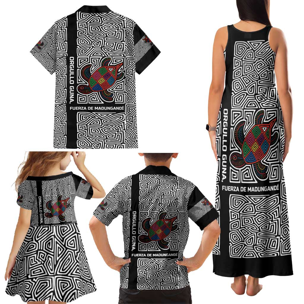 Indigenous Regions of Panama Guna de Madungandí Family Matching Tank Maxi Dress and Hawaiian Shirt with Colorful Turtle and Black White Geometric Pattern - Wonder Print Shop