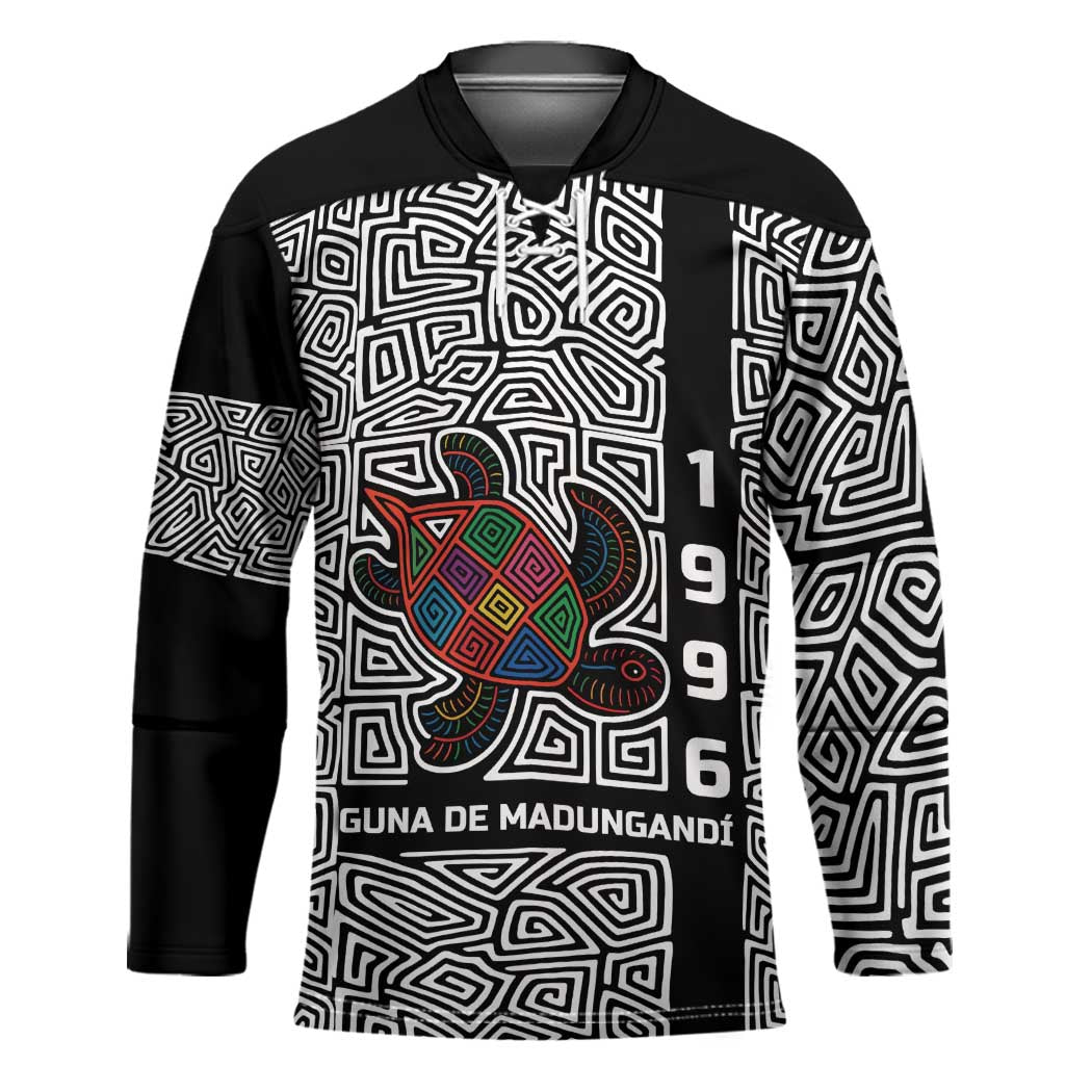 Indigenous Regions of Panama Guna de Madungandí Hockey Jersey with Colorful Turtle and Black White Geometric Pattern - Wonder Print Shop