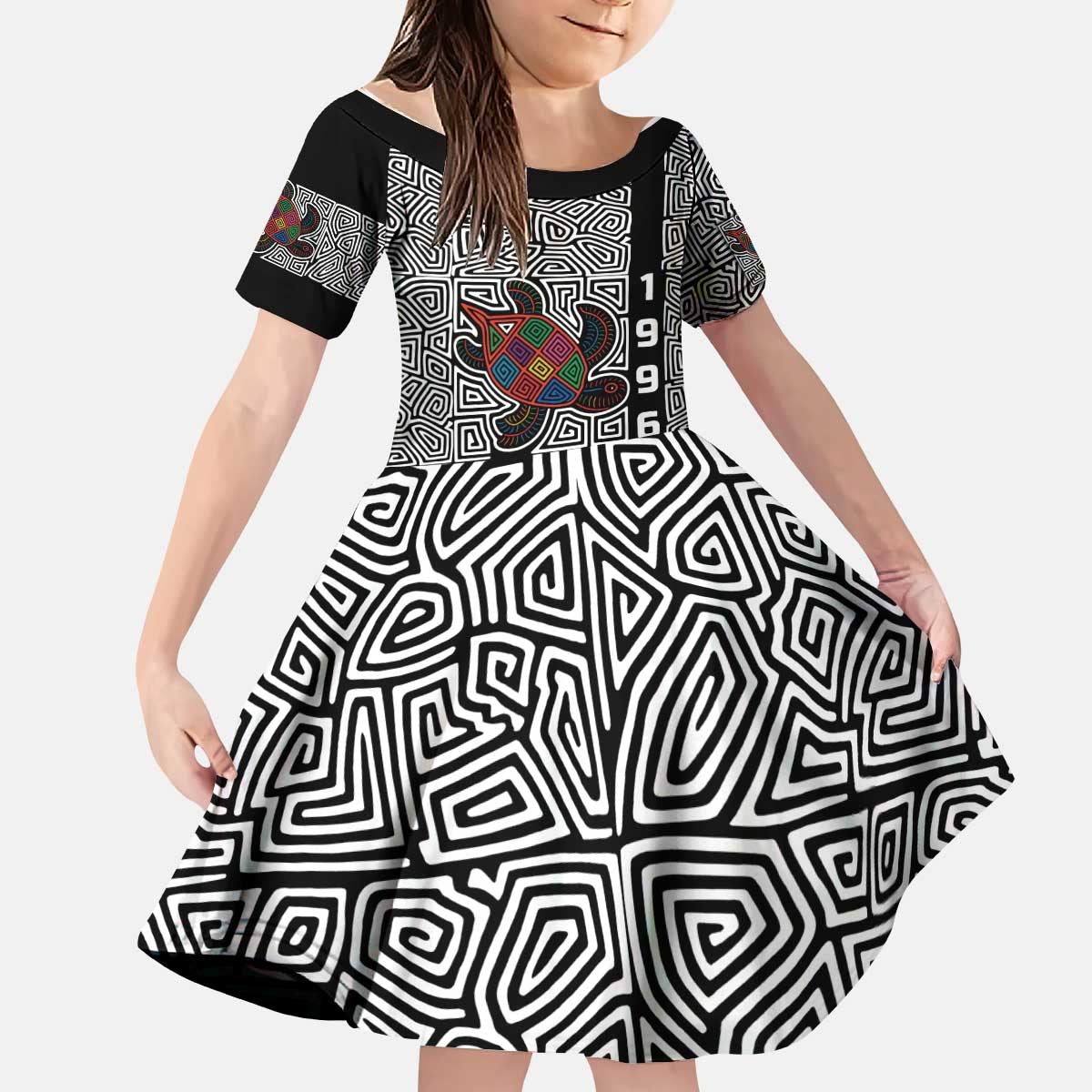Indigenous Regions of Panama Guna de Madungandí Kid Short Sleeve Dress with Colorful Turtle and Black White Geometric Pattern - Wonder Print Shop