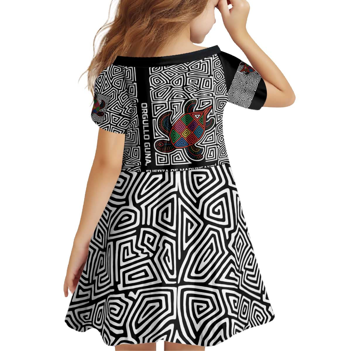 Indigenous Regions of Panama Guna de Madungandí Kid Short Sleeve Dress with Colorful Turtle and Black White Geometric Pattern - Wonder Print Shop