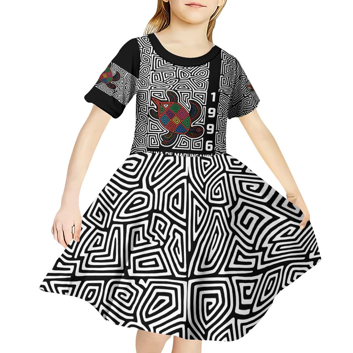 Indigenous Regions of Panama Guna de Madungandí Kid Short Sleeve Dress with Colorful Turtle and Black White Geometric Pattern - Wonder Print Shop